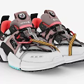 Modern Stylish Sneakers Featuring Gray Red White Color Yellow Laces And Blue Sole Details