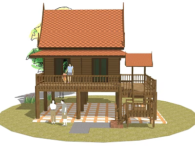 Traditional Wooden House With Red Tile Roof Balcony People On Ground And Green Plants 3d model