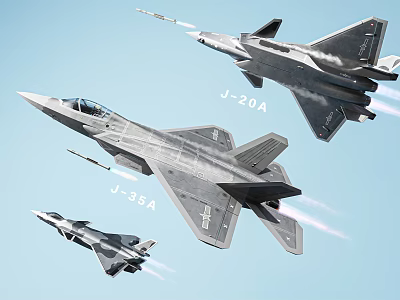Advanced J-20A and J-35A Fighter Jets Flying in Clear Blue Sky 3d model