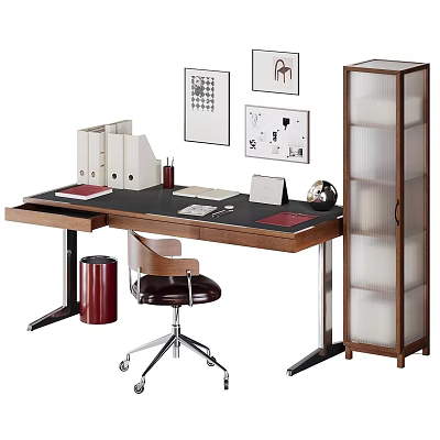 Modern Desk Design With Folders Pen Notebook Globe Wooden Chair Tall Cabinet And Decorative Paintings 3d model