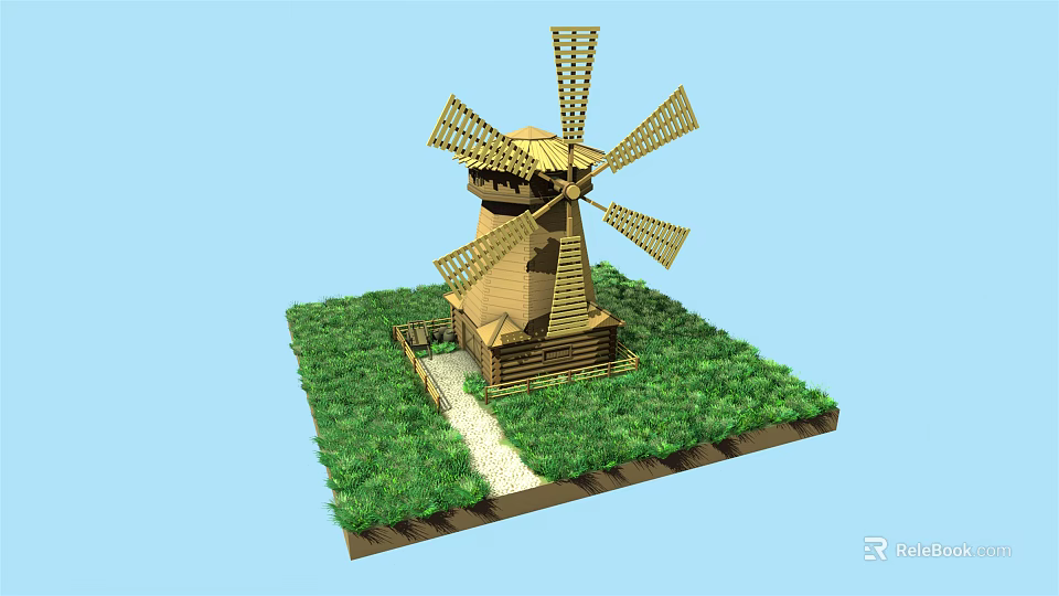 Detailed Wooden Windmill Model On Green Grass Base With Small Pathway 3d model 