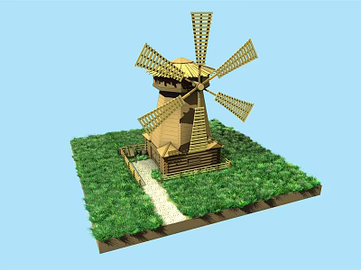Detailed Wooden Windmill Model On Green Grass Base With Small Pathway 3d model