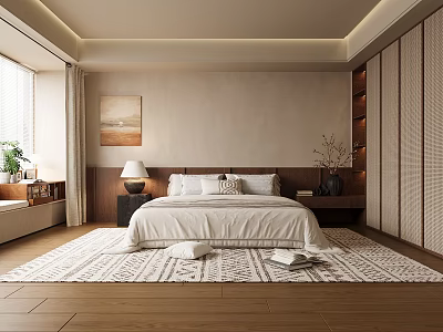 Modern Bedroom Interior Design With Bed Area Rug Nightstand And Decorative Artwork 3d model