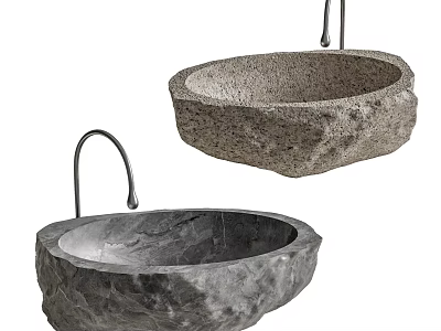 Natural Stone Oval Washbasins With Modern Faucets And Textured Surface Design 3d model