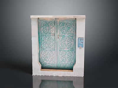 Quality Hardware Tools For Green Double Doors With Intricate Patterns Light Frame And Blue Device 3d model