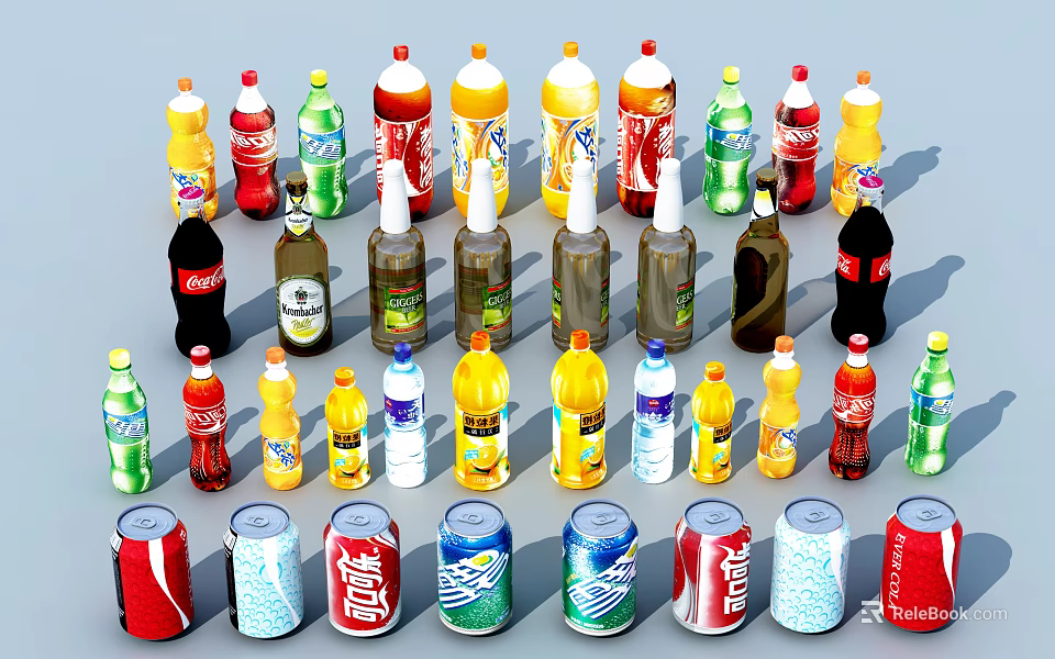 Assorted Beverages Showcasing Bottled and Canned Drinks in Various Colors and Brands 3d model 