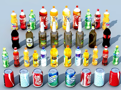 Assorted Beverages Showcasing Bottled and Canned Drinks in Various Colors and Brands 3d model