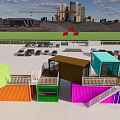 Vibrant Modern Shipping Container Commercial Complex With Reflective Ground And Trees