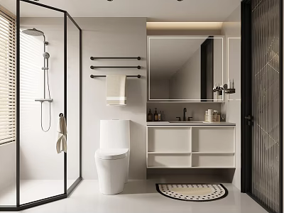 Modern Bathroom Interior With Glass Shower Enclosure Toilet Vanity Mirror And Towel Rack 3d model