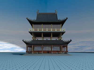 Traditional Chinese Pagoda Architecture With Curved Roof Red Doors And Blue Sky 3d model