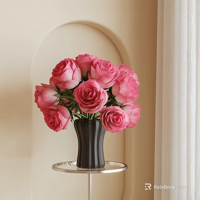 Pink Roses in Black Vase on Round Metal Table with Beige Wall and White Curtains 3d model 