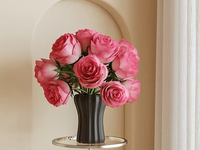Pink Roses in Black Vase on Round Metal Table with Beige Wall and White Curtains 3d model