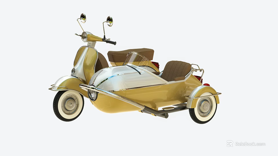 Vintage Motorcycle With Gold And White Sidecar Leather Seats Rearview Mirrors 3d model 
