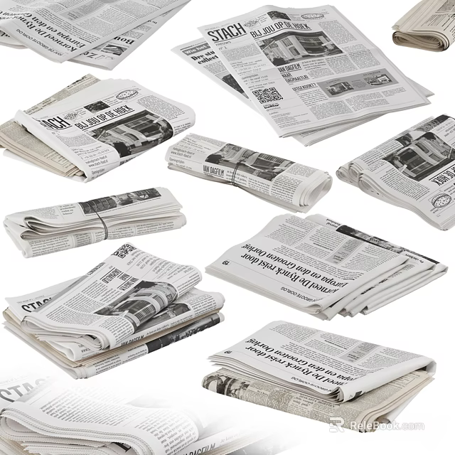 Various Piles Of Stacked Newspapers With Folded Pages And Headline Prints 3d model 