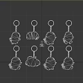 Cute Green Dinosaur Keychains with Various Poses Expressions and Cloud Design 3d model