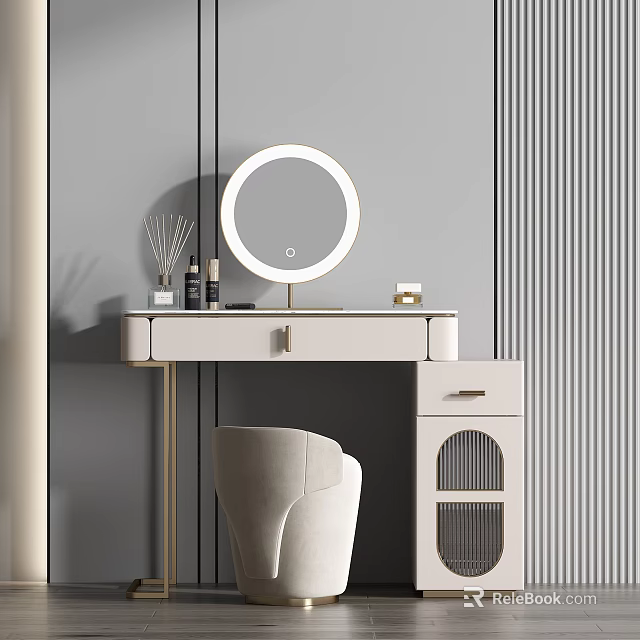 Modern Minimalist Dressing Table With Round LED Mirror Soft Chair And Decorative Bottles 3d model 
