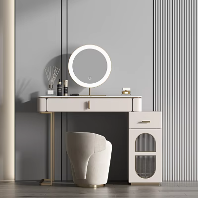Modern Minimalist Dressing Table With Round LED Mirror Soft Chair And Decorative Bottles 3d model