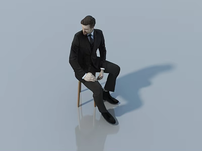 A Man in Black Suit Sitting on Chair with Light Blue Background and Shadow 3d model
