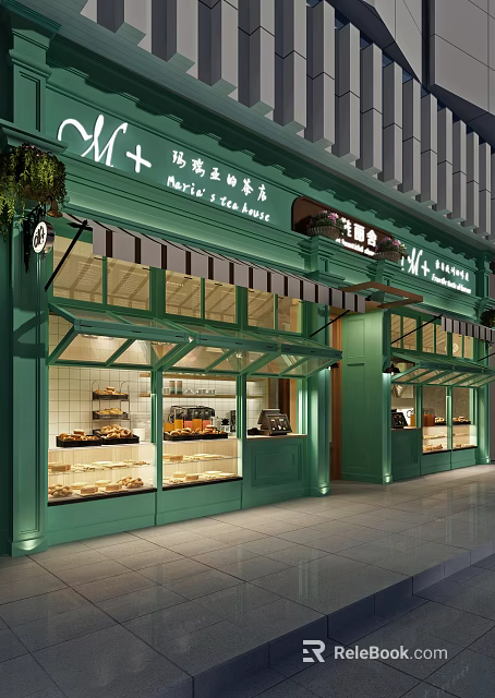 Green Storefront With Striped Awning Glass Windows And Display Cases For Fresh Bread Pastries 3d model 