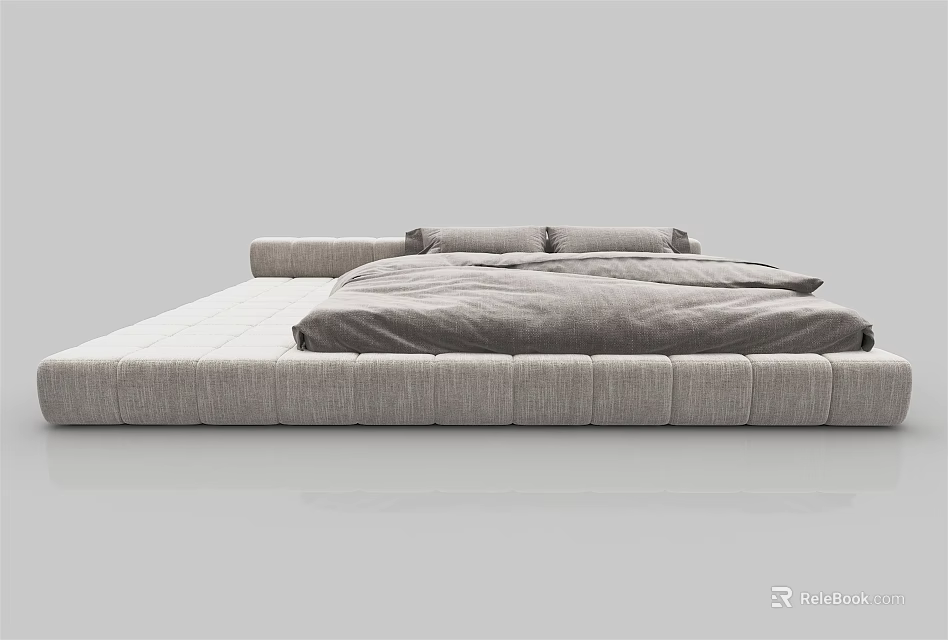 Modern Minimalist Double Bed With Gray Upholstered Frame And Soft Comfortable Mattress 3d model 