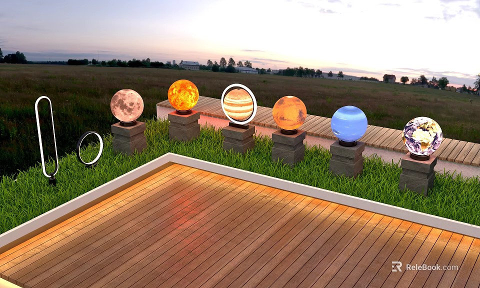 Decorative Outdoor Lights With Spherical Planet Themed Design On Wooden Deck In Twilight Grass Area 3d model 