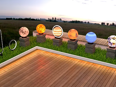 Decorative Outdoor Lights With Spherical Planet Themed Design On Wooden Deck In Twilight Grass Area 3d model
