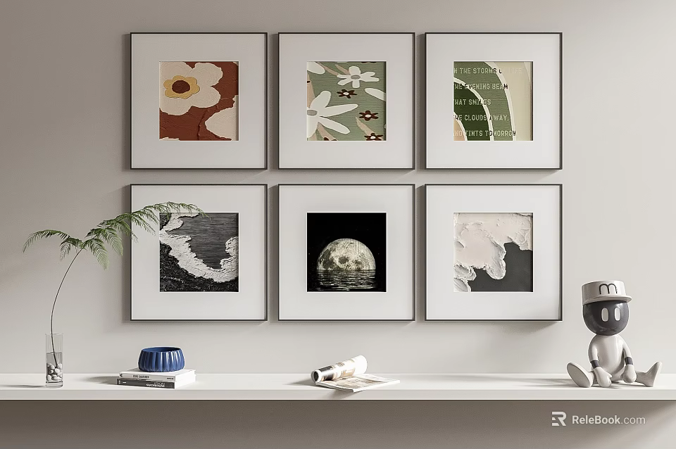 Six Framed Decorative Paintings On Wall With White Shelf Vase Books And Figurine 3d model