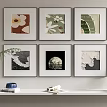 Six Framed Decorative Paintings On Wall With White Shelf Vase Books And Figurine 3d model