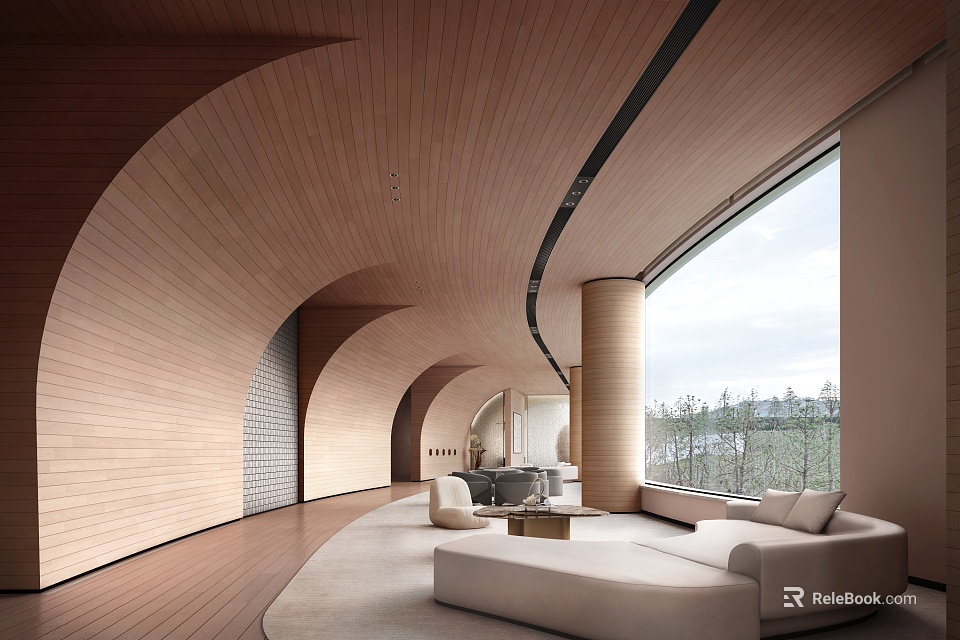 Elegant Modern Hotel Lobby With Wooden Curved Ceiling Floor to Ceiling Windows And Sofa Seating 3d model 
