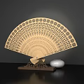 Wooden Fan Shaped Decorative Ornament Set With Carved Patterns Stand And White Spherical Accents