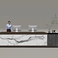 Modern Reception Desk Design With Marble Countertop Receptionist Computer Monitors And Plant