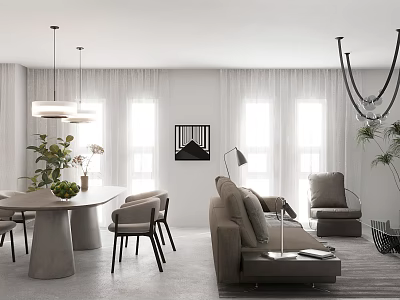 Modern Dining Living Room Interior With Sofa Dining Table Chandelier Green Plants And Artwork 3d model