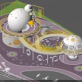 Children's Play Area With Mushroom Shaped Structures Circular Track Purple Flooring And Yellow Railings