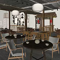 Traditional Chinese Tea House Interior With Wooden Tables Chairs Calligraphy And Hanging Lamps
