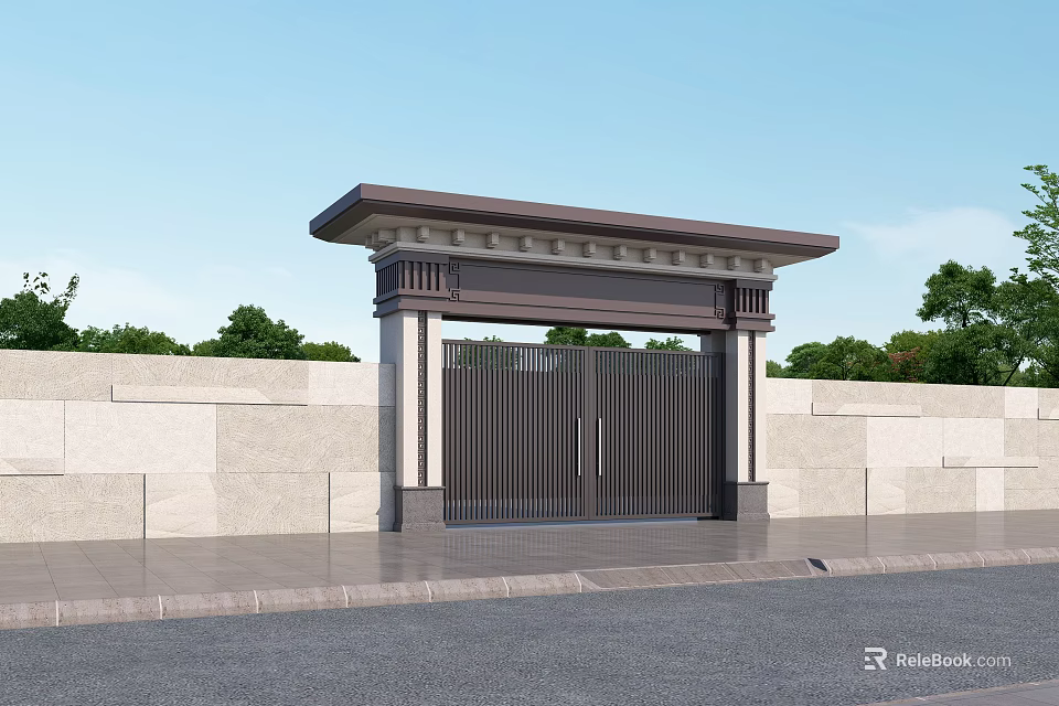 Modern Entrance Gate With Black Metal Doors Stone Wall And Trees Background 3d model 
