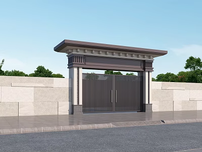 Modern Entrance Gate With Black Metal Doors Stone Wall And Trees Background 3d model