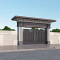 Modern Entrance Gate With Black Metal Doors Stone Wall And Trees Background