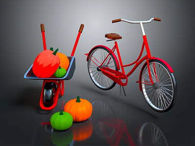 Red Bicycle with Wheelbarrow and Colorful Pumpkins on Black Surface 3d model