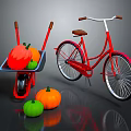 Red Bicycle with Wheelbarrow and Colorful Pumpkins on Black Surface