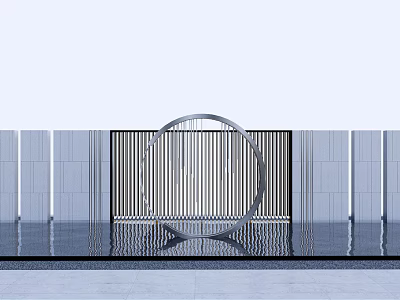 Modern Landscape Sculpture With Circular Metal Frame Water Reflection And Vertical Stripes 3d model