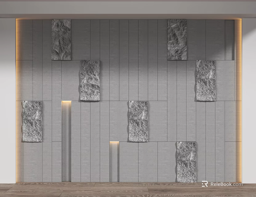 Modern Accent Wall With Gray Vertical Striped Surface And Textured Decorative Panels And Recessed Lighting 3d model 