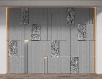 Modern Accent Wall With Gray Vertical Striped Surface And Textured Decorative Panels And Recessed Lighting 3d model