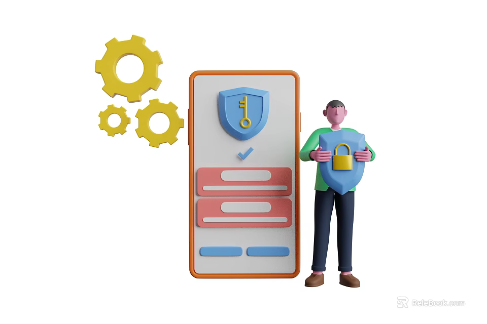 Game Movie Character Holding Security Shield With Lock And Gear Near Mobile Settings 3d model 