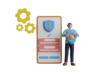 Game Movie Character Holding Security Shield With Lock And Gear Near Mobile Settings 3d model