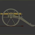 Vintage Brass Cannon With Large Wooden Wheels And Red Ramrod