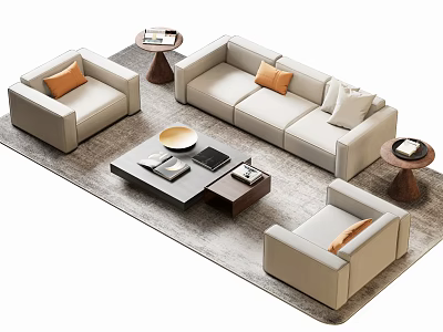 Modern Beige Sofa Coffee Table Set With Side Tables Throw Pillows And Area Rug 3d model