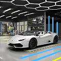 Modern Automotive Showroom Featuring White Convertible Sports Car Hexagonal Ceiling Blue Columns And Floor Lines
