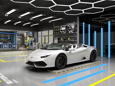 Modern Automotive Showroom Featuring White Convertible Sports Car Hexagonal Ceiling Blue Columns And Floor Lines 3d model