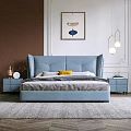 Modern Elegant Blue Double Bed With Upholstered Headboard In Bright Bedroom With Window Green View