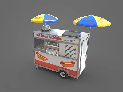 Hot Dogs And Drinks Food Cart With Yellow Blue Umbrella And Graphics 3d model
